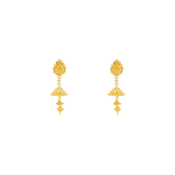 An image showing the 22K gold Jhumka style earrings from Virani Jewelers. | Look your very best with this 22K gold necklace set from Virani Jewelers!

Set includes 22K gold ...