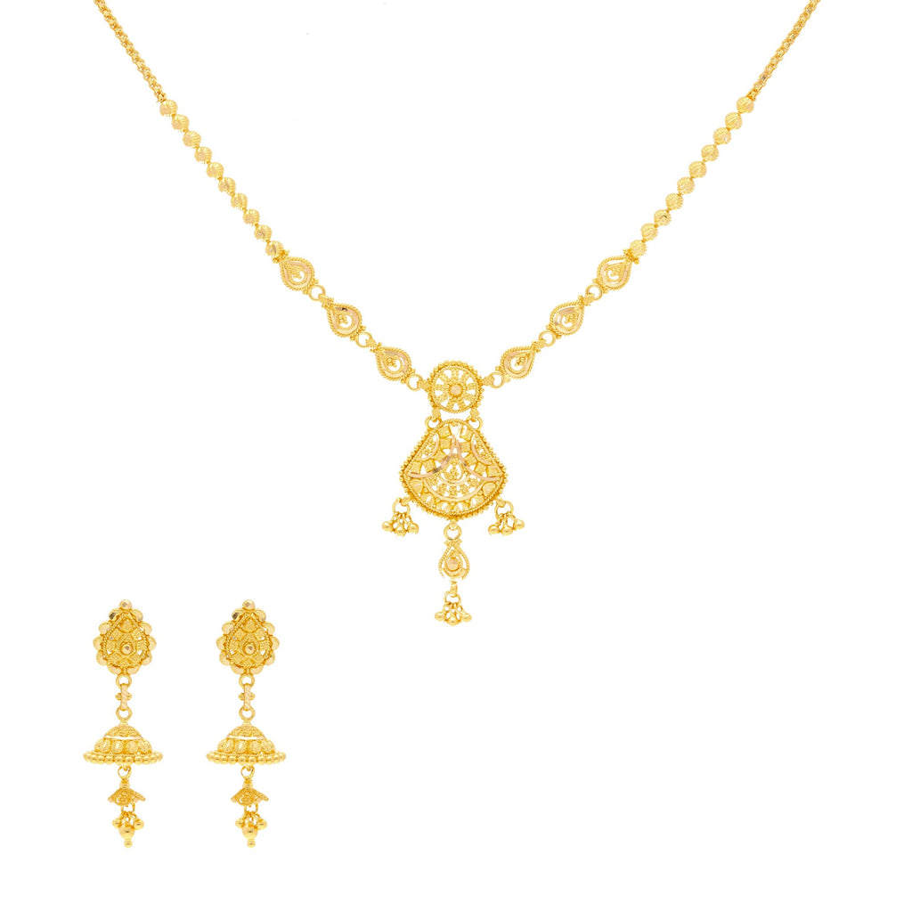 An image of the 22K gold necklace set with Jhumka style earrings. | Look your very best with this 22K gold necklace set from Virani Jewelers!

Set includes 22K gold ...