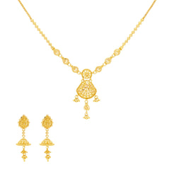 An image of the 22K gold necklace set with Jhumka style earrings.