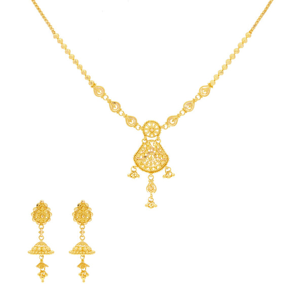 An image of the 22K gold necklace set with Jhumka style earrings. | Look your very best with this 22K gold necklace set from Virani Jewelers!

Set includes 22K gold ...