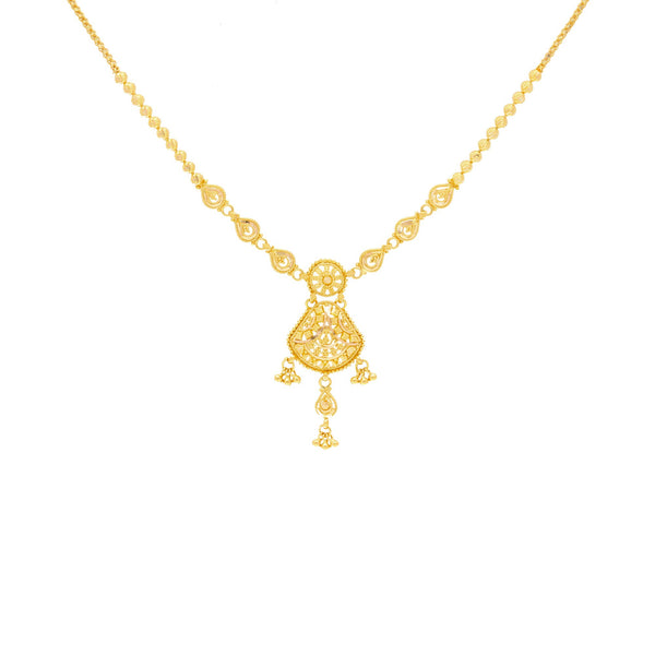 An image showing the Virani Jewelers 22K gold necklace featuring a pendant with three dangle details. | Look your very best with this 22K gold necklace set from Virani Jewelers!

Set includes 22K gold ...