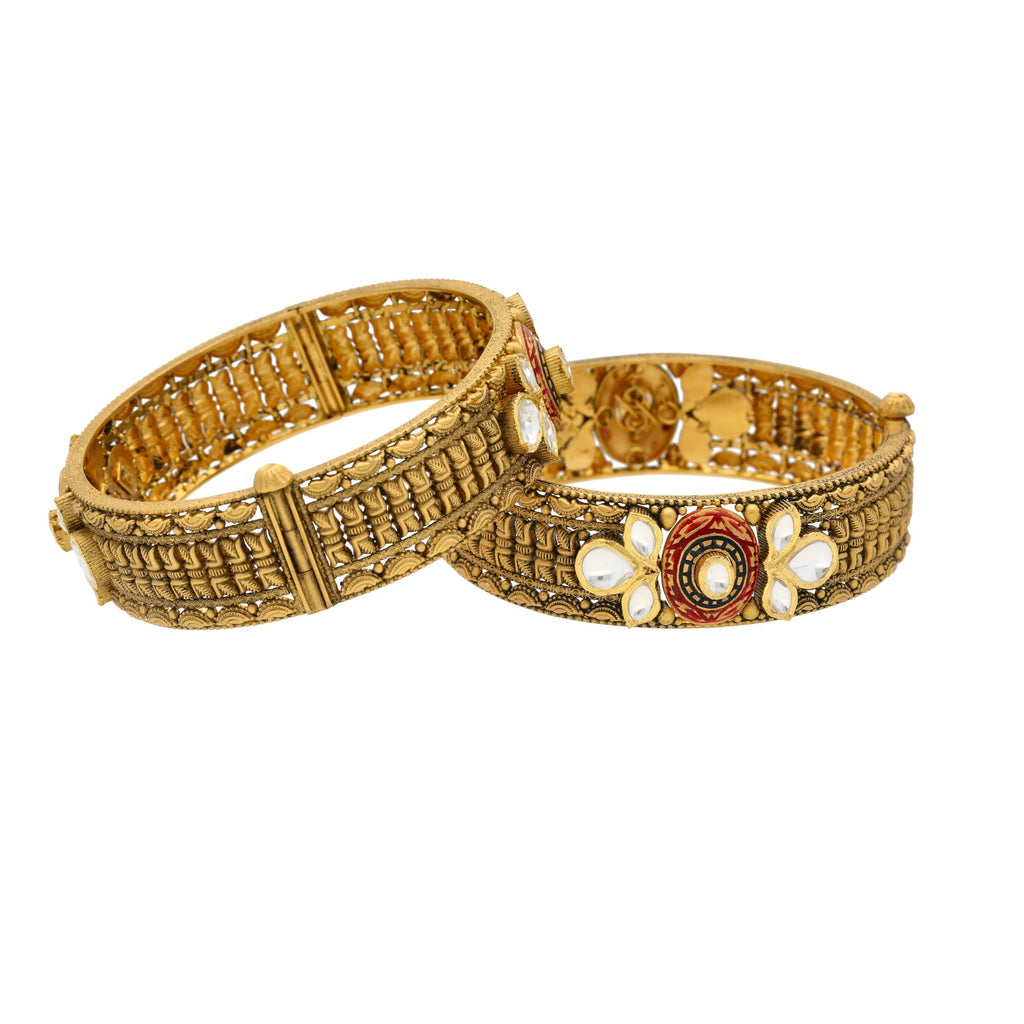 22K Gold Antique Bangles W/ Kundan, 65gm | 


If nature-inspired designs fascinate you, then this 22K antique gold bangle is surely going to...