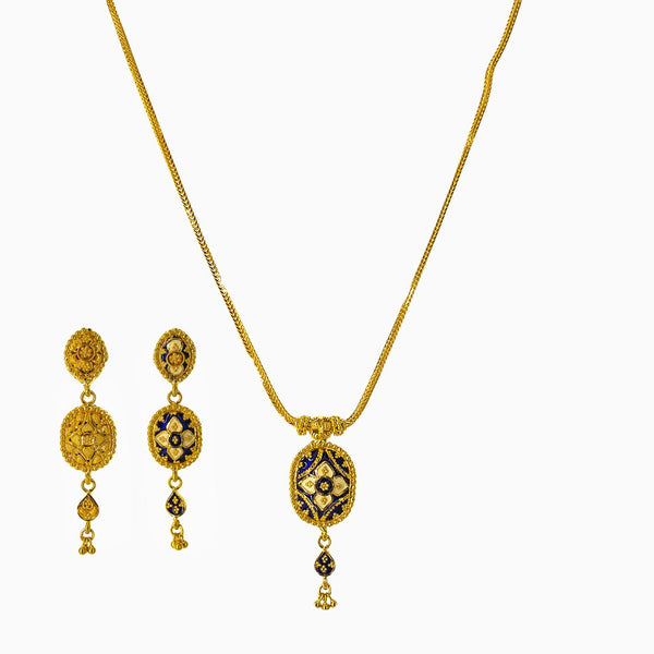 22K Yellow Gold Necklace and Earrings Set W/ Blue Enamel & Reversible Oval Pendants |  22K Yellow Gold Necklace and Earrings Set W/ Blue Enamel & Reversible Oval Pendants for wome...