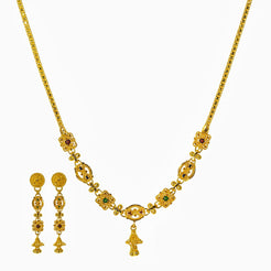 22K Yellow Gold Necklace and Earrings Set W/ Drop Cap Pendants & Enamel Accents