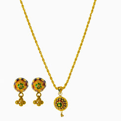 22K Yellow Gold Necklace and Earrings Set W/ Domed Pendants & Dark Enamel Paint