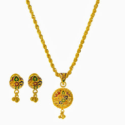 22K Yellow Gold Necklace and Earrings Set W/ Enamel Paint & Domed Shield Pendants