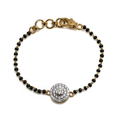 22K Yellow Gold Black Bead Bracelet W/ CZ Gems & Round Layered Pendant