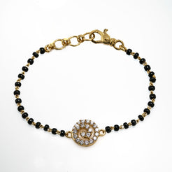 22K Yellow Gold Black Bead Bracelet W/ CZ Gems & Swirl Pendant