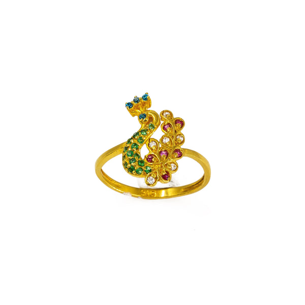 22K Yellow Gold Peacock Ring W/ Belle Epoque CZ Encrusted Feather Design |  22K Gold CZ Peacock Ring W/ Colored CZ Encrusted Train in Belle Epoque Design for women. This ab...