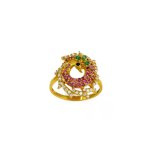 22K Yellow Gold Peacock Ring W/ Colored CZ Encrusted Circlet Body & Spread Train | 22K Yellow Gold Peacock Ring W/ Colored CZ Encrusted Circlet Body & Spread Train for women. T...