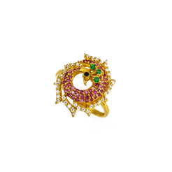 22K Yellow Gold Peacock Ring W/ Colored CZ Encrusted Circlet Body & Spread Train