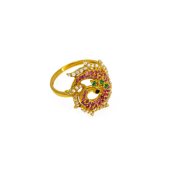 22K Yellow Gold Peacock Ring W/ Colored CZ Encrusted Circlet Body & Spread Train | 22K Yellow Gold Peacock Ring W/ Colored CZ Encrusted Circlet Body & Spread Train for women. T...