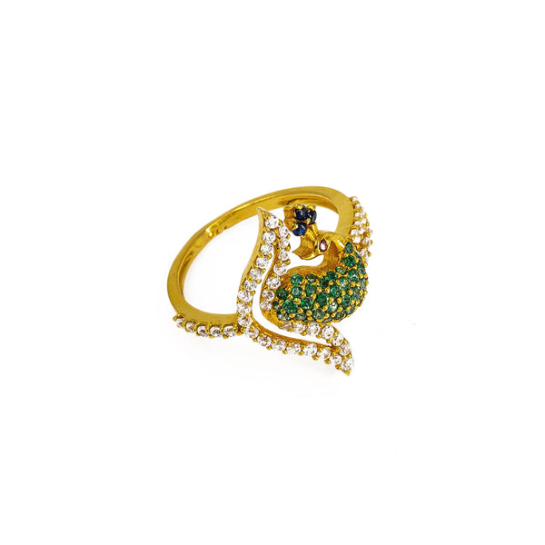 22K Yellow Gold Peacock Ring W/ CZ Encrusted Split Train & Asymmetric Band |  22K Yellow Gold Peacock Ring W/ CZ Encrusted Split Train & Asymmetric Band for women. This b...