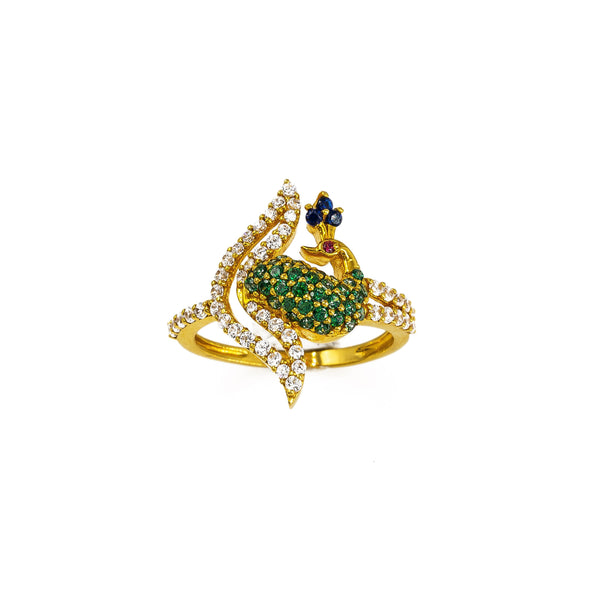 22K Yellow Gold Peacock Ring W/ CZ Encrusted Split Train & Asymmetric Band |  22K Yellow Gold Peacock Ring W/ CZ Encrusted Split Train & Asymmetric Band for women. This b...