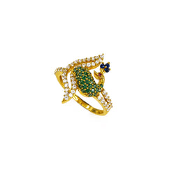 22K Yellow Gold Peacock Ring W/ CZ Encrusted Split Train & Asymmetric Band