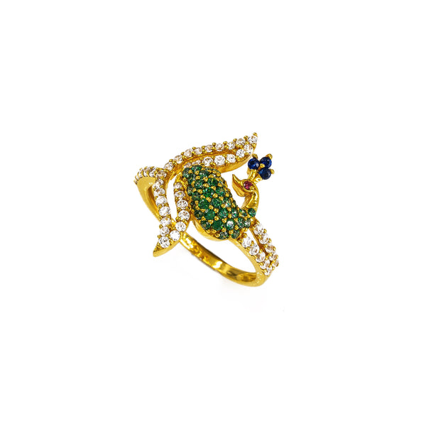 22K Yellow Gold Peacock Ring W/ CZ Encrusted Split Train & Asymmetric Band |  22K Yellow Gold Peacock Ring W/ CZ Encrusted Split Train & Asymmetric Band for women. This b...