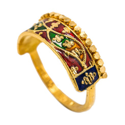 22K Yellow Gold Enamel Ring W/ Crown Design & Mirror Wing Details