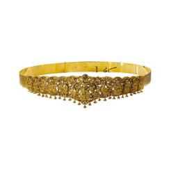 A frontal view of the 22K Laxmi vaddanam waist belt from Virani Jewelers.