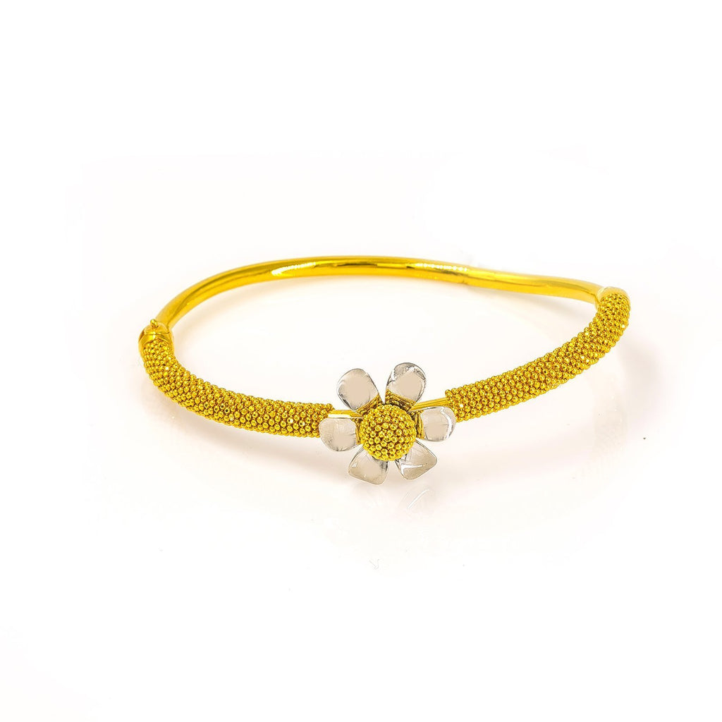 22K Multi Tone Gold Flower Bangle W/ Flower Pendant & Small Beaded Chain Accents | 22K Multi Tone Gold Flower Bangle W/ Flower Pendant & Small Beaded Chain Accents for women. T...