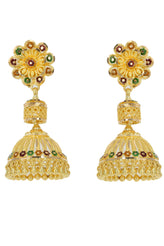 22K Yellow Gold Floral Jhumki Earrings W/ Handpainted Enamel