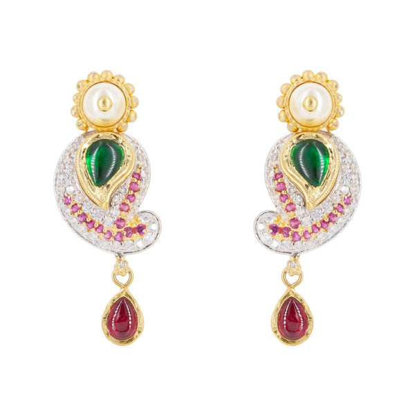 22K Multitone Gold Paisely Pavé Earring & Necklace Set W/ Emerald, Ruby, Pearl & Cubic Zirconia | 22K Multitone Gold Paisley Pavé Earring & Necklace Set W/ Emerald, Ruby, Pearl & Cubic Zi...