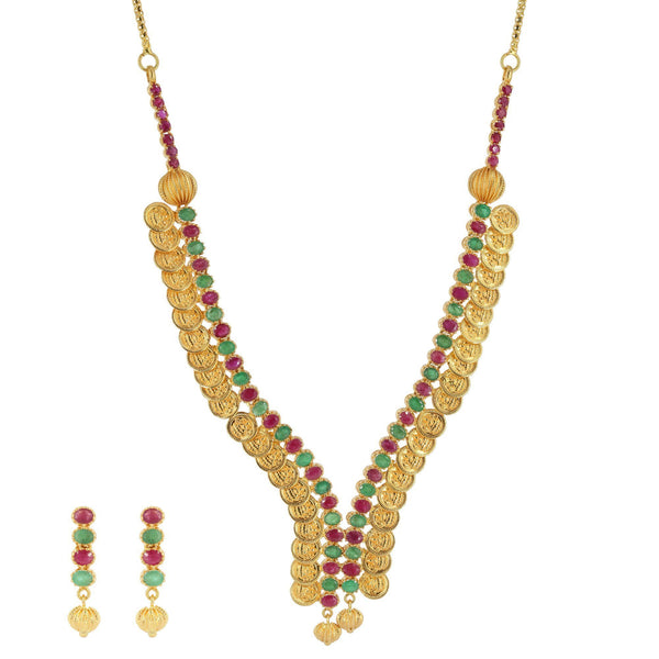 22K Yellow Gold Kasu Lakshmi Necklace & Earrings Set W/ Emeralds & Rubies | 22K Yellow Gold Kasu Lakshmi Necklace & Earrings Set W/ Emeralds & Rubies for women. Gorg...