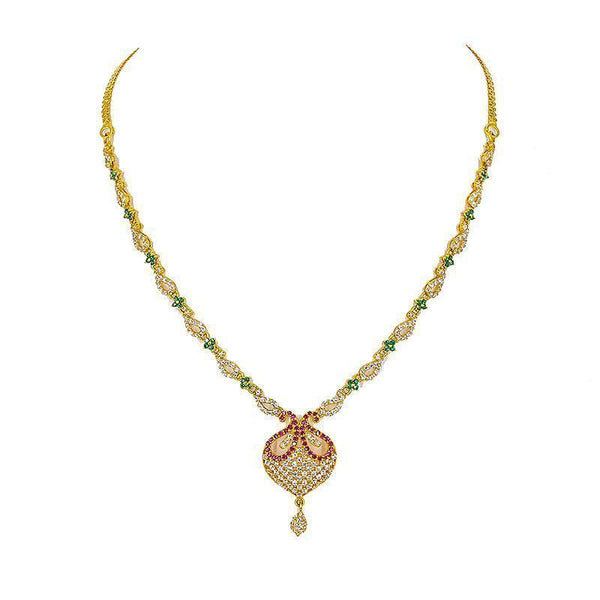 22K yellow Gold drop necklace and drop earrings Set w/ cz, ruby, and emerald stones with floral detailing | 22K yellow Gold drop necklace and drop earrings Set w/ cz, ruby, and emerald stones with floral d...