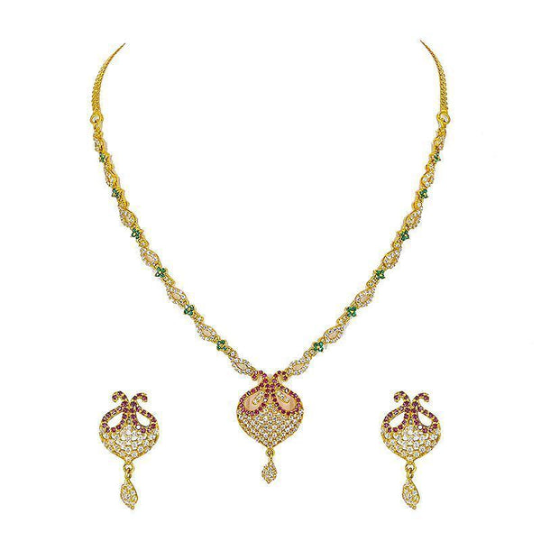 22K yellow Gold drop necklace and drop earrings Set w/ cz, ruby, and emerald stones with floral detailing | 22K yellow Gold drop necklace and drop earrings Set w/ cz, ruby, and emerald stones with floral d...