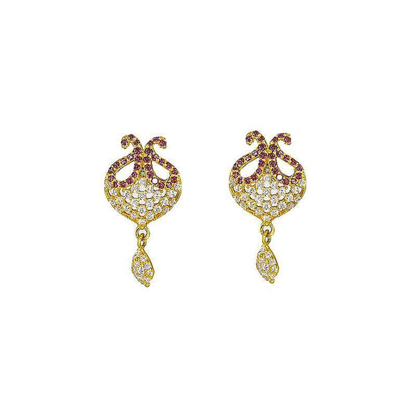 22K yellow Gold drop necklace and drop earrings Set w/ cz, ruby, and emerald stones with floral detailing | 22K yellow Gold drop necklace and drop earrings Set w/ cz, ruby, and emerald stones with floral d...