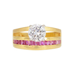 22K Yellow Gold Ring W/ Cubic Zirconia Solitaire & Ruby Baguettes