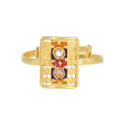 22K Yellow Gold Ring W/ Double Cubic Zirconia & Enamel in Flower Pattern