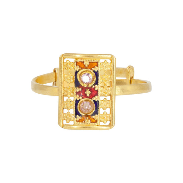 22K Yellow Gold Ring W/ Double Cubic Zirconia & Enamel in Flower Pattern | 22K Yellow Gold Ring W/ Double Cubic Zirconia & Enamel in Flower Pattern for women. Sparkling...