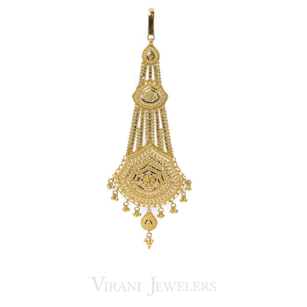 22K Yellow Gold Tikka with Drop Chandelier Pendant and Ball Accents | 22K Yellow Gold Tikka with Drop Chandelier Pendant and Ball Accents for women. This unique hair a...