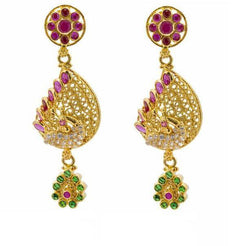 22K Yellow Gold Peacock Earrings W/ Rubies, Emeralds, & Cubic Zirconia