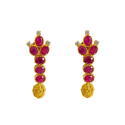 22K Yellow Gold Drop Earrings W/ Ruby, CZ Gems & Laxmi Kasu