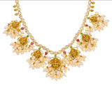 22K Yellow Gold Guttapusalu Necklace & Earrings Set W/ Rubies, Emeralds, CZ Gems, Cluster Pearls & Laxmi Accents | Stand out with elegance in the 22K yellow gold Guttapusalu necklace and earrings set from Virani ...