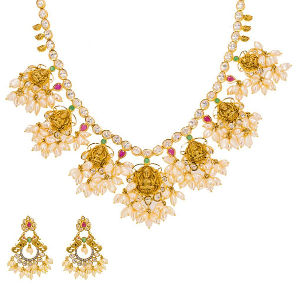 22K Yellow Gold Guttapusalu Necklace & Earrings Set W/ Rubies, Emeralds, CZ Gems, Cluster Pearls & Laxmi Accents | Stand out with elegance in the 22K yellow gold Guttapusalu necklace and earrings set from Virani ...