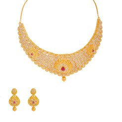 22K Yellow Gold Diamond Necklace & Earrings Set W/ 26.98ct Uncut Diamonds, Rubies & Clustered Flowers on Bib Necklace