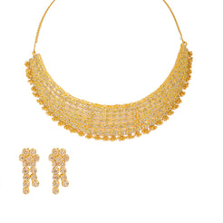 22K Yellow Gold Diamond Necklace & Earrings Set W/ 28.04ct Uncut Diamonds, Clustered Flowers & Gold Ball Accents on Bib Necklace