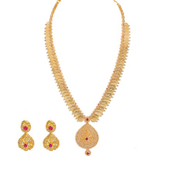 22K Yellow Gold Diamond Necklace & Earrings Set W/ 14.74ct Uncut Diamonds, Rubies & Laxmi Kasu on Deep V-Neck Pendant Necklace