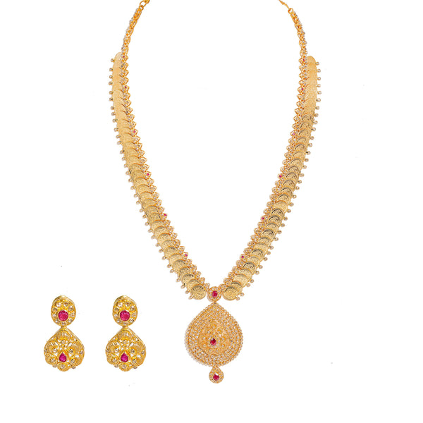 22K Yellow Gold Diamond Necklace & Earrings Set W/ 14.74ct Uncut Diamonds, Rubies & Laxmi Kasu on Deep V-Neck Pendant Necklace | 22K Yellow Gold Uncut Diamond Necklace & Earrings Set W/ 14.74ct Uncut Diamonds, Rubies &...
