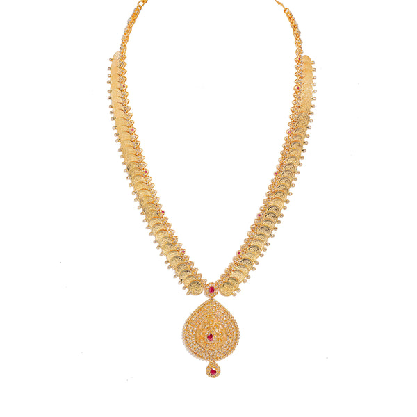 22K Yellow Gold Diamond Necklace & Earrings Set W/ 14.74ct Uncut Diamonds, Rubies & Laxmi Kasu on Deep V-Neck Pendant Necklace | 22K Yellow Gold Uncut Diamond Necklace & Earrings Set W/ 14.74ct Uncut Diamonds, Rubies &...