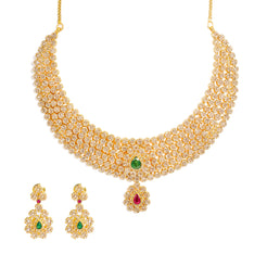 22K Yellow Gold Diamond Necklace & Earrings Set W/ 38.54ct Uncut Diamonds, Rubies & Emeralds on Choker Necklace