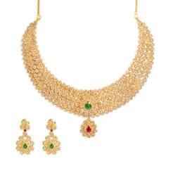 22K Yellow Gold Diamond Necklace & Earrings Set W/ 38.54ct Uncut Diamonds, Rubies & Emeralds on Choker Necklace