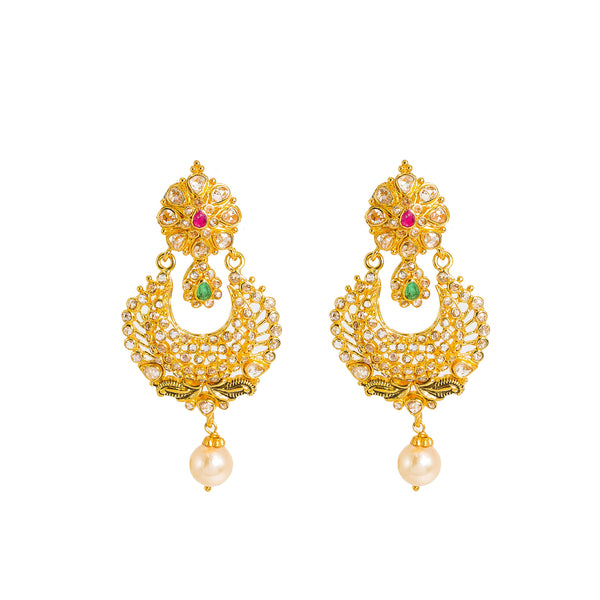 22K Yellow Gold Diamond Necklace & Chandbali Earrings Set W/ 33.95ct Uncut Diamonds, Rubies, Emeralds, Pearls & Laxmi Kasu |  22K Yellow Gold Diamond Necklace & Chandbali Earrings Set W/ 33.95ct Uncut Diamonds, Rubies,...