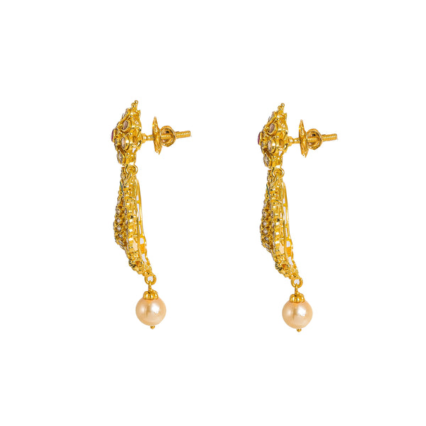 22K Yellow Gold Diamond Necklace & Chandbali Earrings Set W/ 33.95ct Uncut Diamonds, Rubies, Emeralds, Pearls & Laxmi Kasu |  22K Yellow Gold Diamond Necklace & Chandbali Earrings Set W/ 33.95ct Uncut Diamonds, Rubies,...