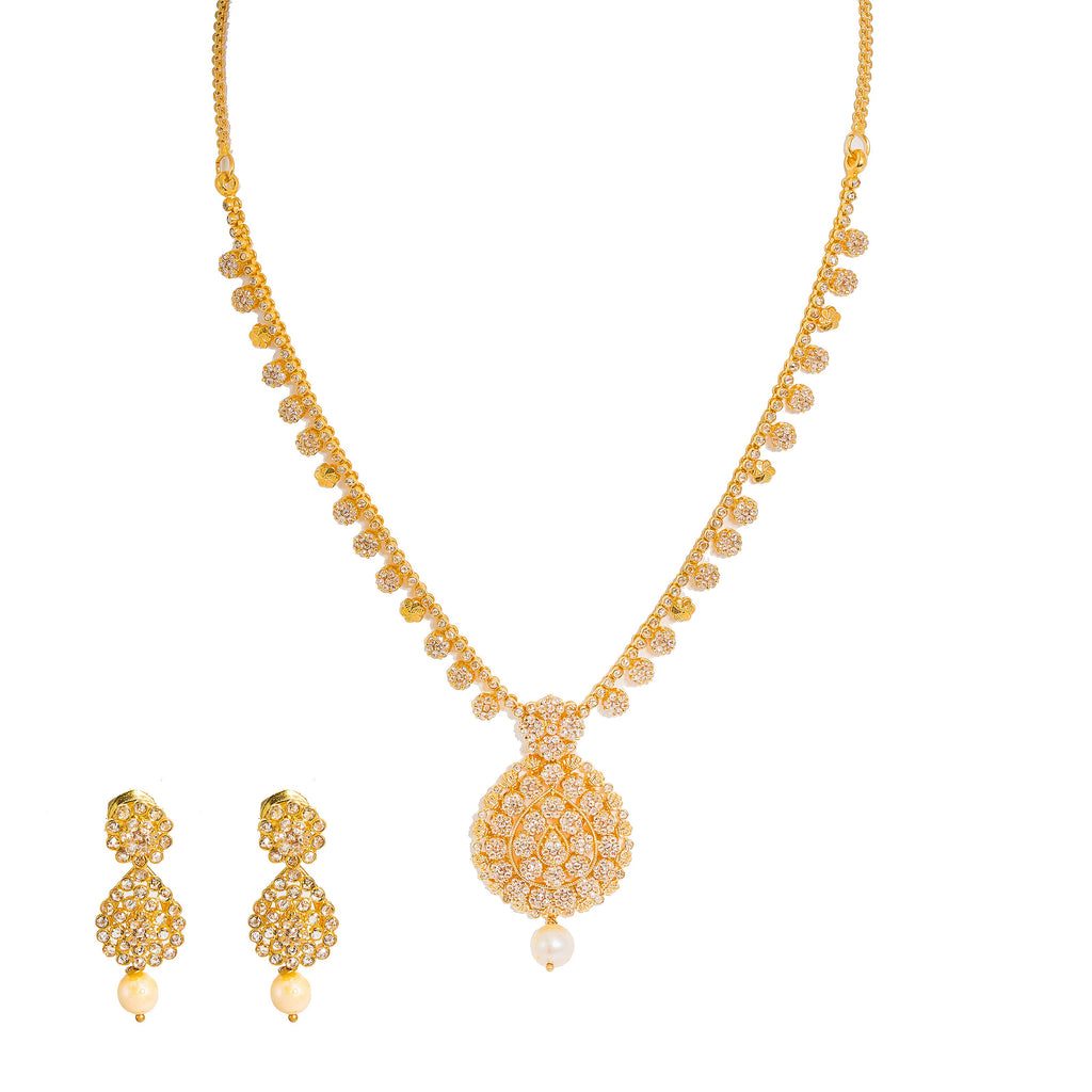 22K Yellow Gold Diamond Necklace & Earrings Set W/ 10.85ct Uncut Diamonds, Pearls & Clustered Flower Designs |  22K Yellow Gold Diamond Necklace & Earrings Set W/ 10.85ct Uncut Diamonds, Pearls & Clus...