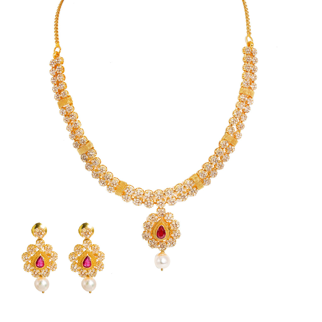 22K Yellow Gold Diamond Necklace and Earrings Set W/ 14.24ct Uncut Diamonds, Rubies, Pearls & Clustered Flower Designs |  22K Yellow Gold Diamond Necklace and Earrings Set W/ 14.24ct Uncut Diamonds, Rubies, Pearls &...