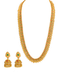 22K Yellow Gold Diamond Necklace & Jhumki Drop Earrings Set W/ 8.03ct Uncut Diamonds, Rubies, Emeralds & Laxmi Kasu