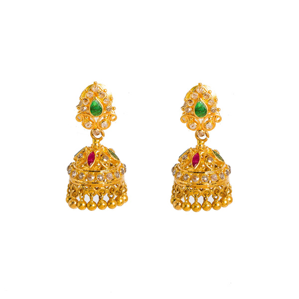 22K Yellow Gold Diamond Necklace & Jhumki Drop Earrings Set W/ 8.03ct Uncut Diamonds, Rubies, Emeralds & Laxmi Kasu |  22K Yellow Gold Diamond Necklace & Jhumki Drop Earrings Set W/ 8.03ct Uncut Diamonds, Rubies...
